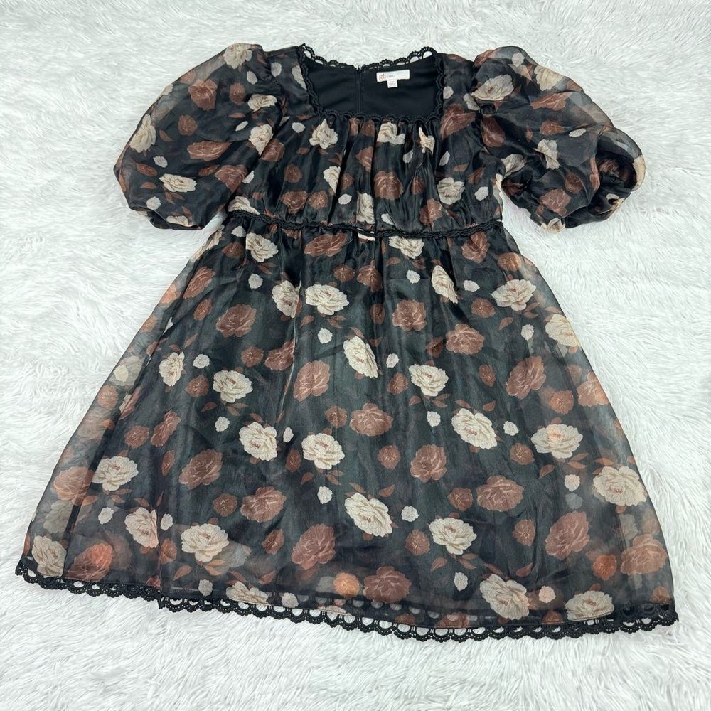 Gb Girls puff sleeve square neck floral‎ chiffon dress lace trim